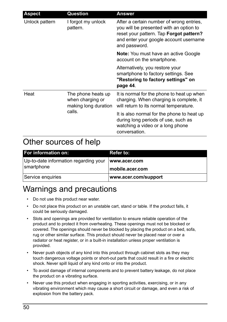 Other sources of help, Warnings and precautions, Other sources of help warnings and precautions | Acer Z160 User Manual | Page 50 / 63