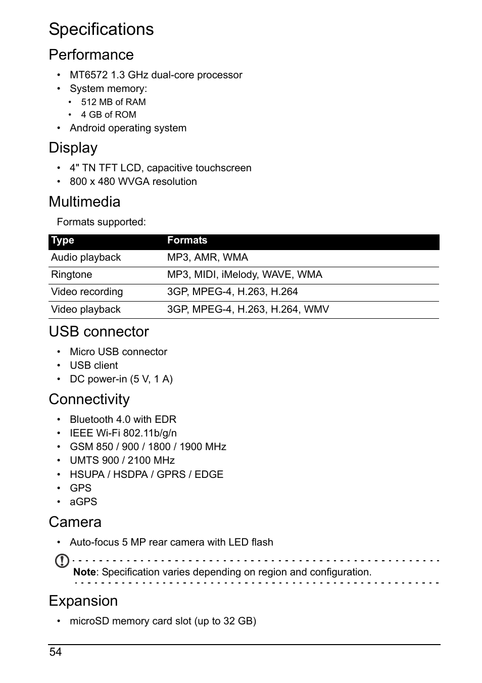 Specifications, Performance, Display | Multimedia, Usb connector, Connectivity, Camera, Expansion | Acer Z160 User Manual | Page 54 / 63