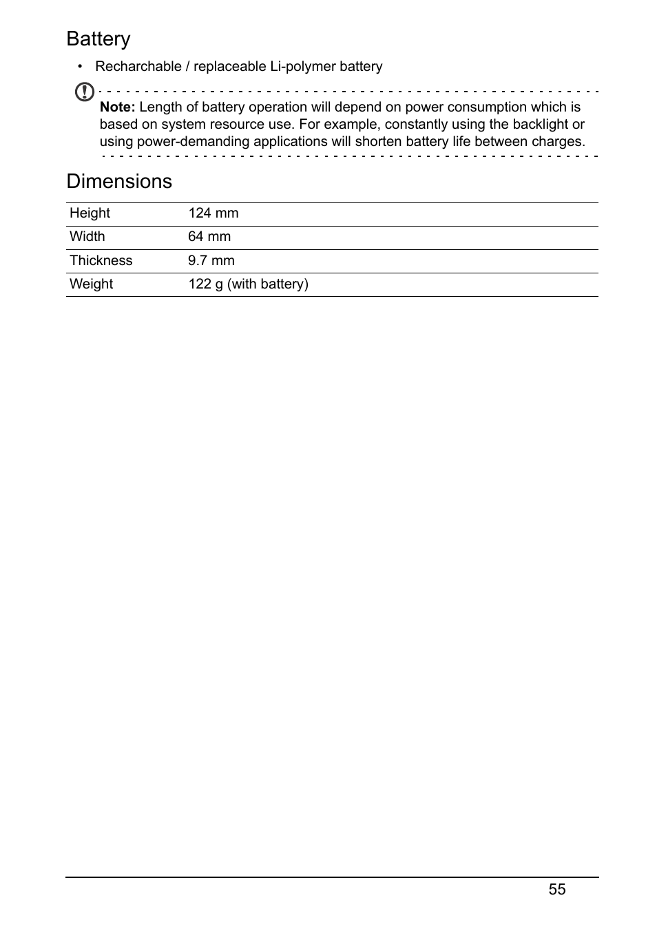 Battery, Dimensions | Acer Z160 User Manual | Page 55 / 63