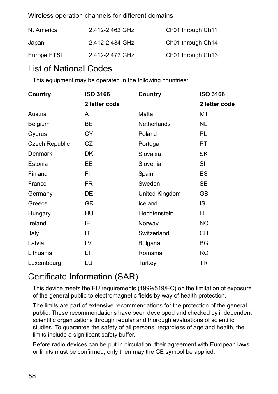 List of national codes, Certificate information (sar) | Acer Z160 User Manual | Page 58 / 63