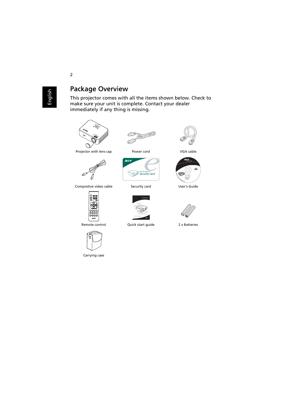 Package overview | Acer H7531D User Manual | Page 12 / 56