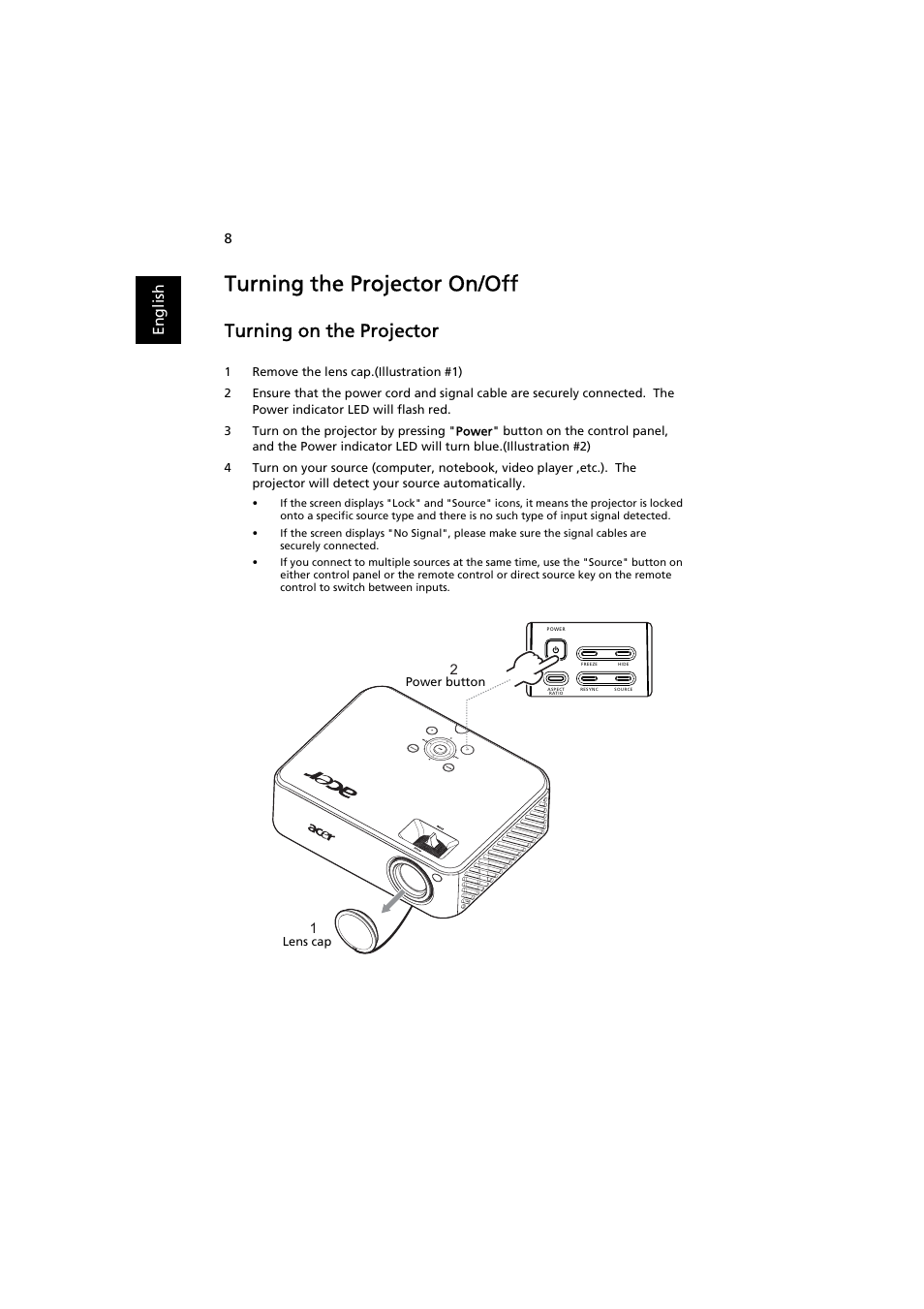 Turning the projector on/off, Turning on the projector, En gl ish | Acer H7531D User Manual | Page 18 / 56