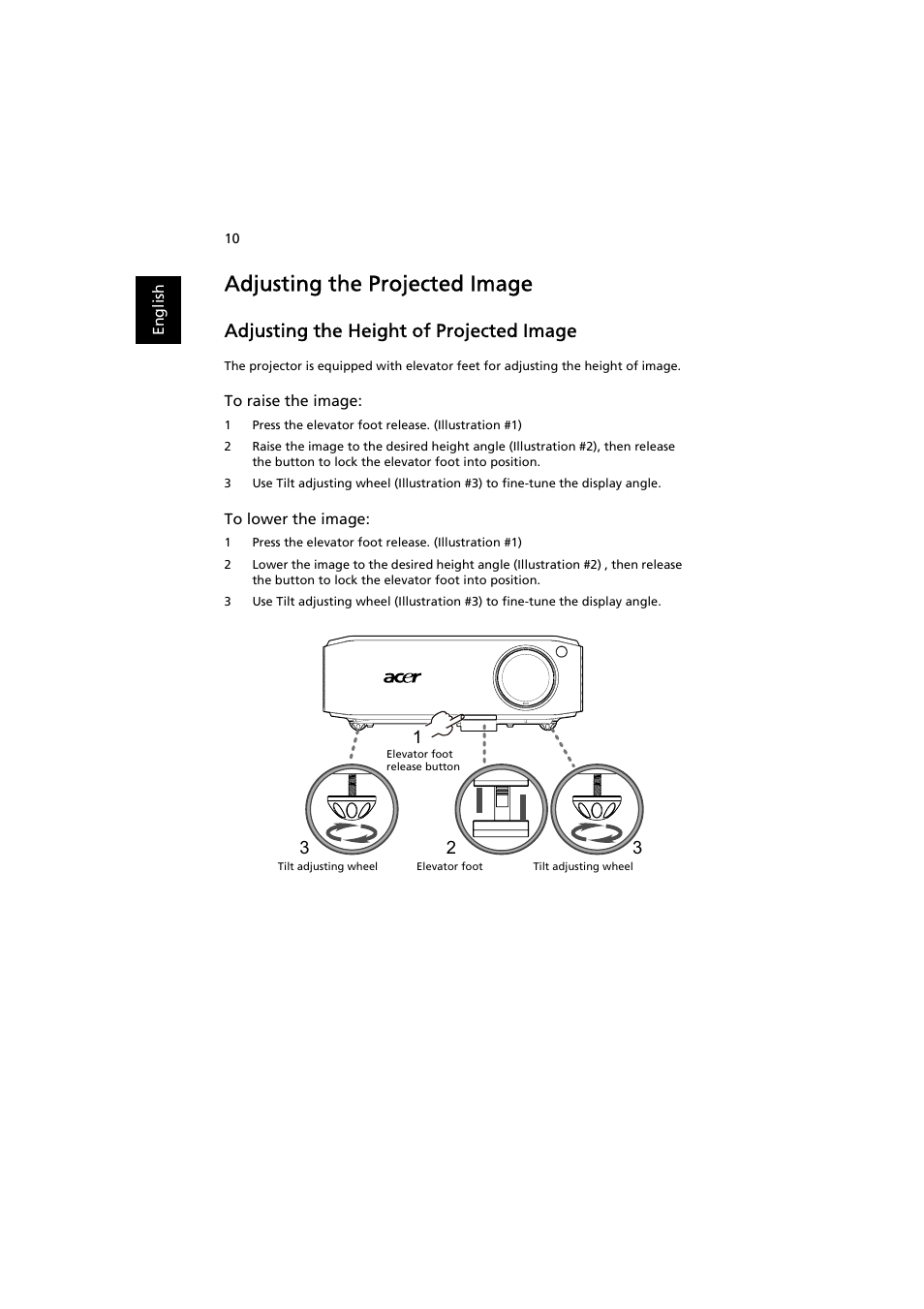 Adjusting the projected image, Adjusting the height of projected image | Acer H7531D User Manual | Page 20 / 56