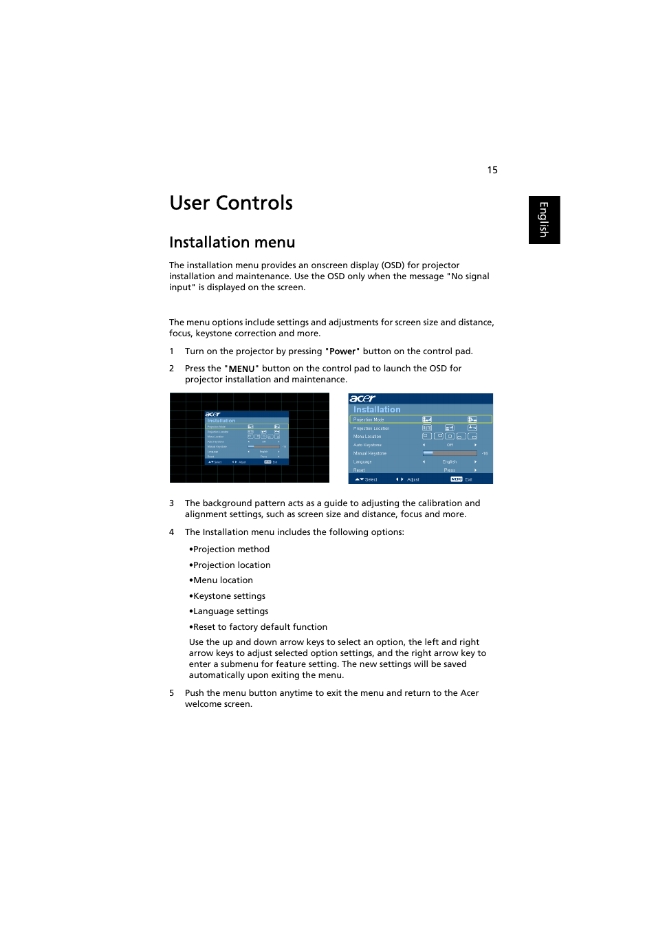 User controls, Installation menu | Acer H7531D User Manual | Page 25 / 56