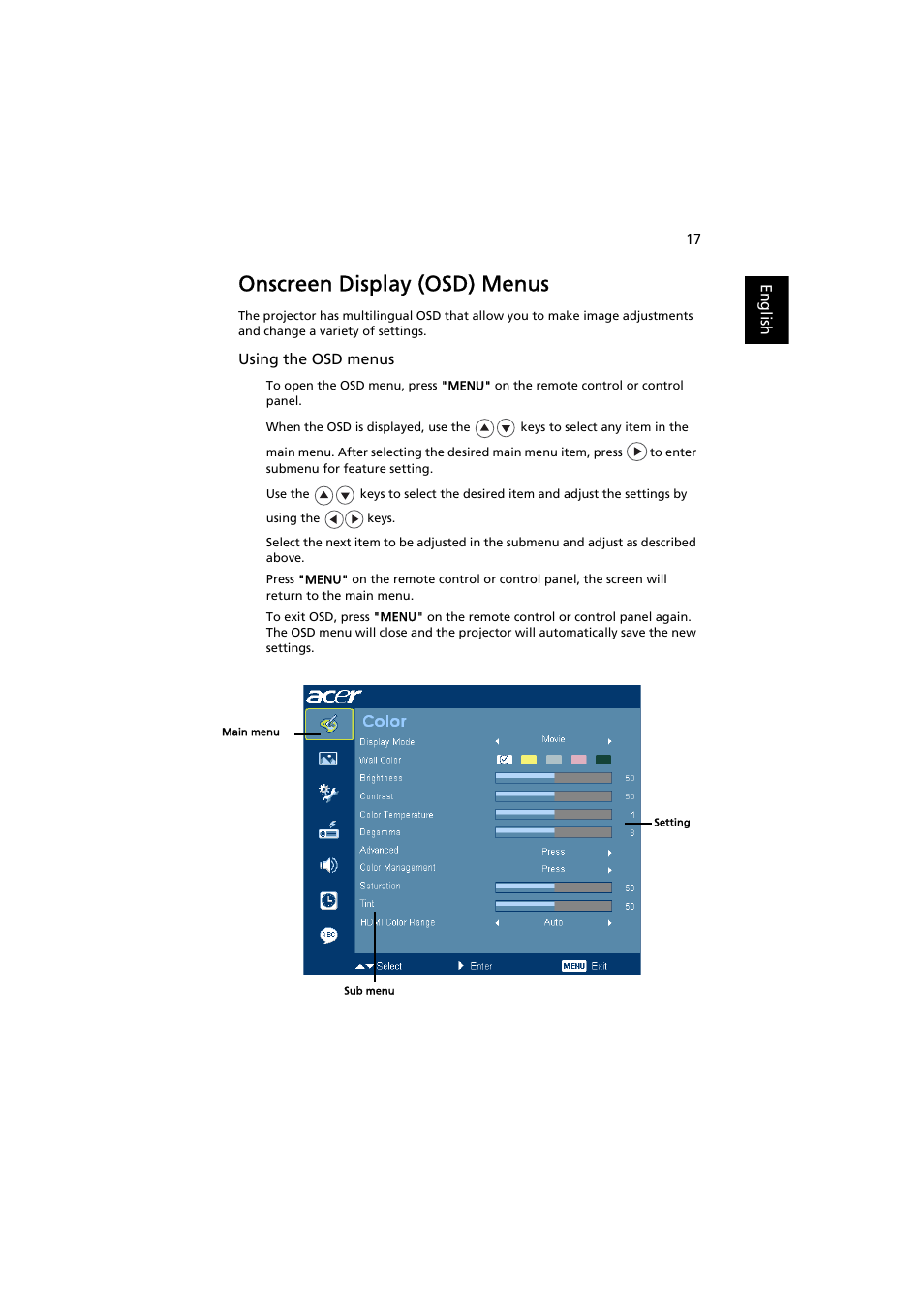 Onscreen display (osd) menus | Acer H7531D User Manual | Page 27 / 56