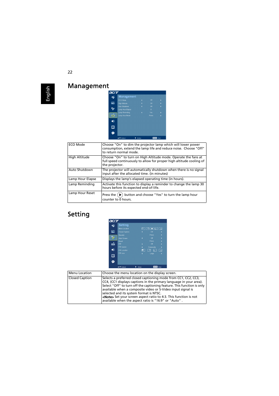 Management, Setting, Management setting | Acer H7531D User Manual | Page 32 / 56