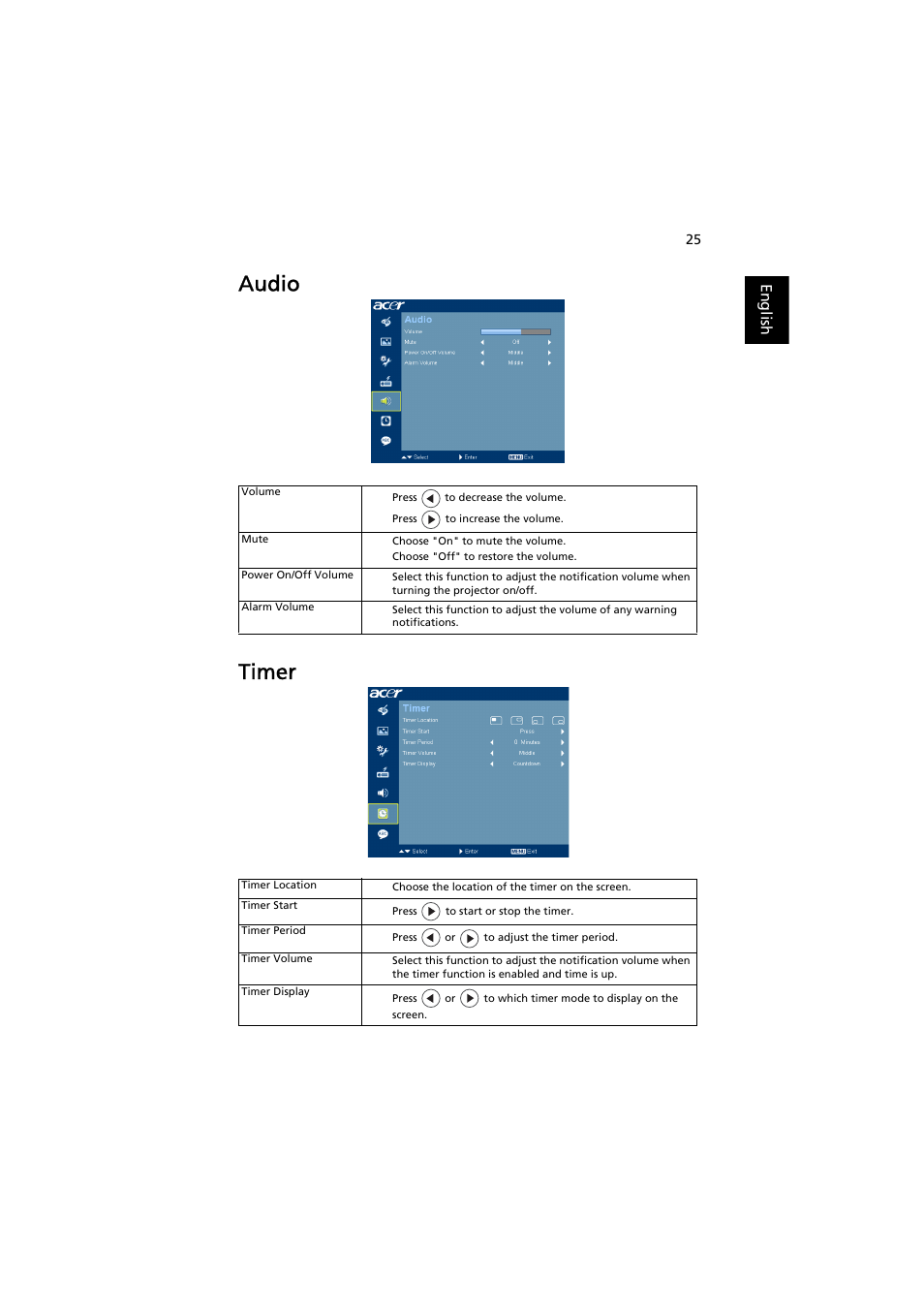 Audio, Timer, Audio timer | Acer H7531D User Manual | Page 35 / 56