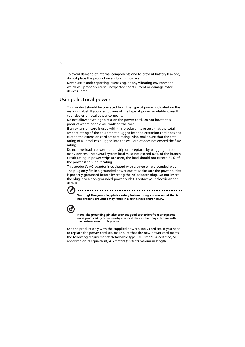 Using electrical power | Acer H7531D User Manual | Page 4 / 56