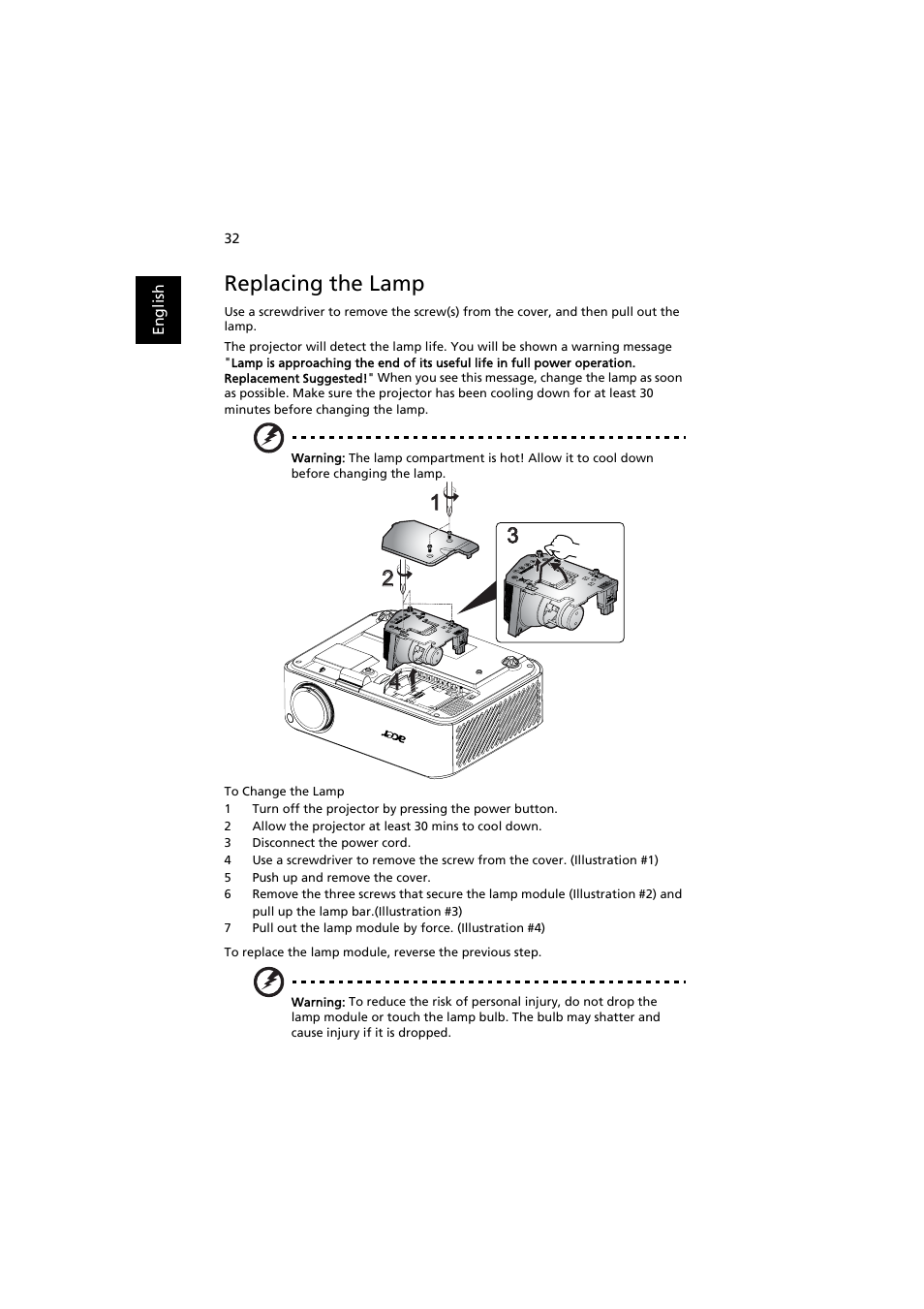 Replacing the lamp | Acer H7531D User Manual | Page 42 / 56