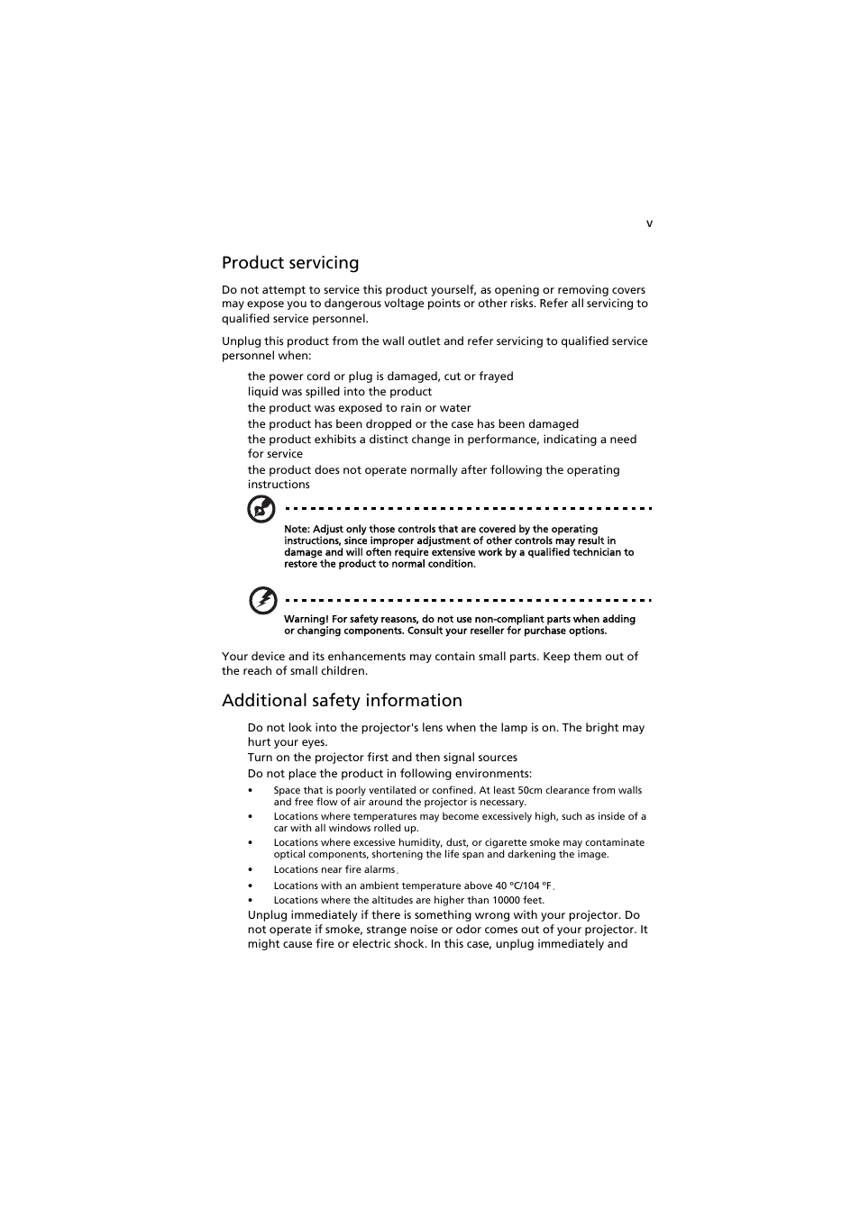 Product servicing, Additional safety information | Acer H7531D User Manual | Page 5 / 56