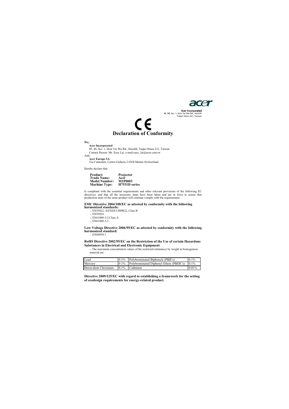 Declaration of conformity | Acer H7531D User Manual | Page 54 / 56