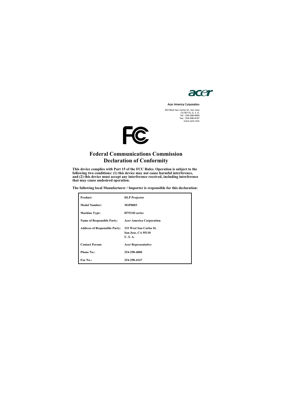 Acer H7531D User Manual | Page 56 / 56