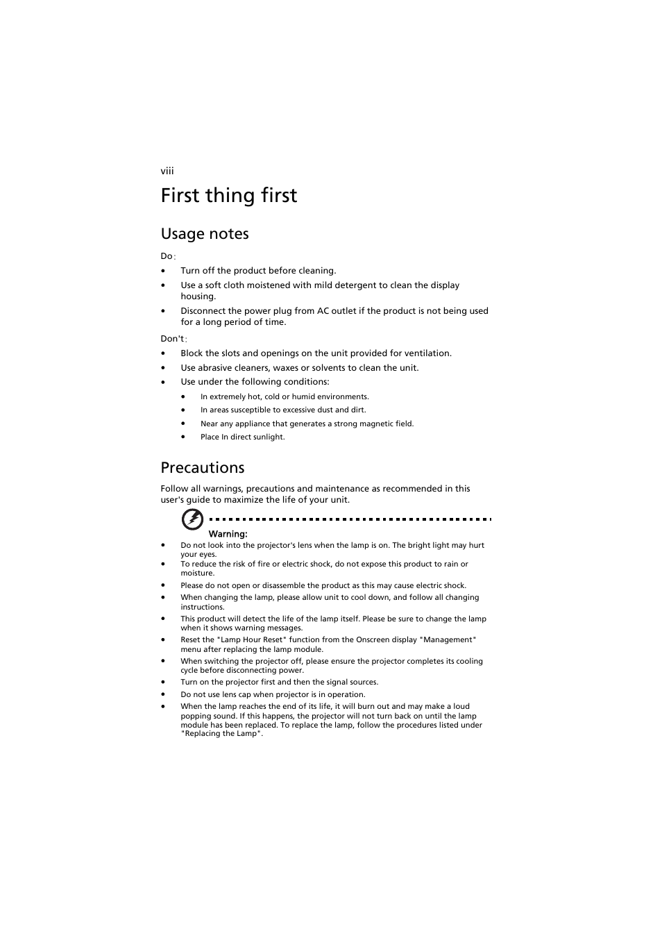 First thing first, Usage notes, Precautions | Acer H7531D User Manual | Page 8 / 56