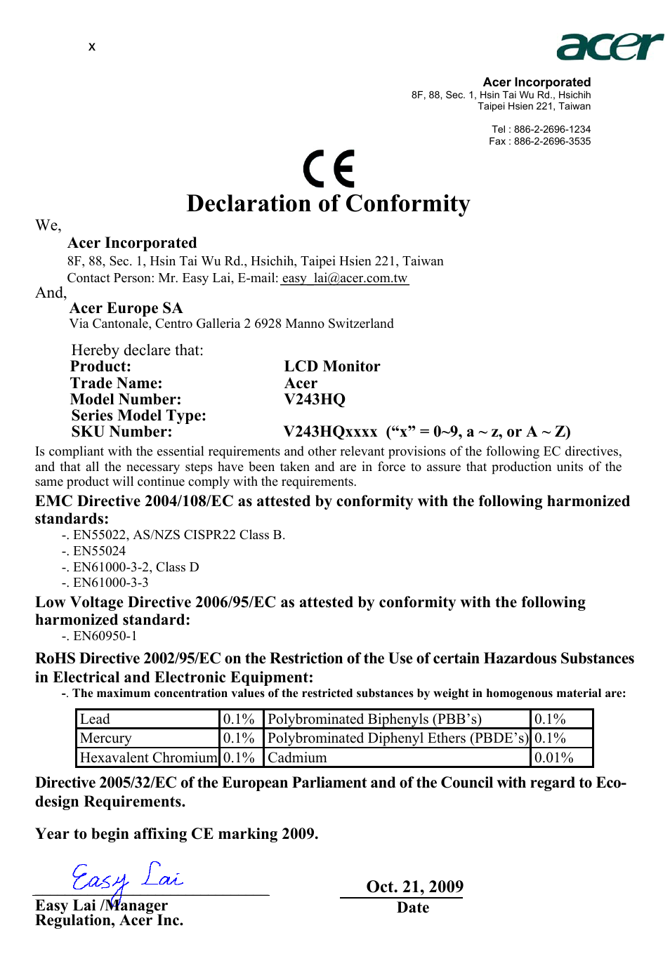 Declaration of conformity | Acer V243HQ User Manual | Page 10 / 26