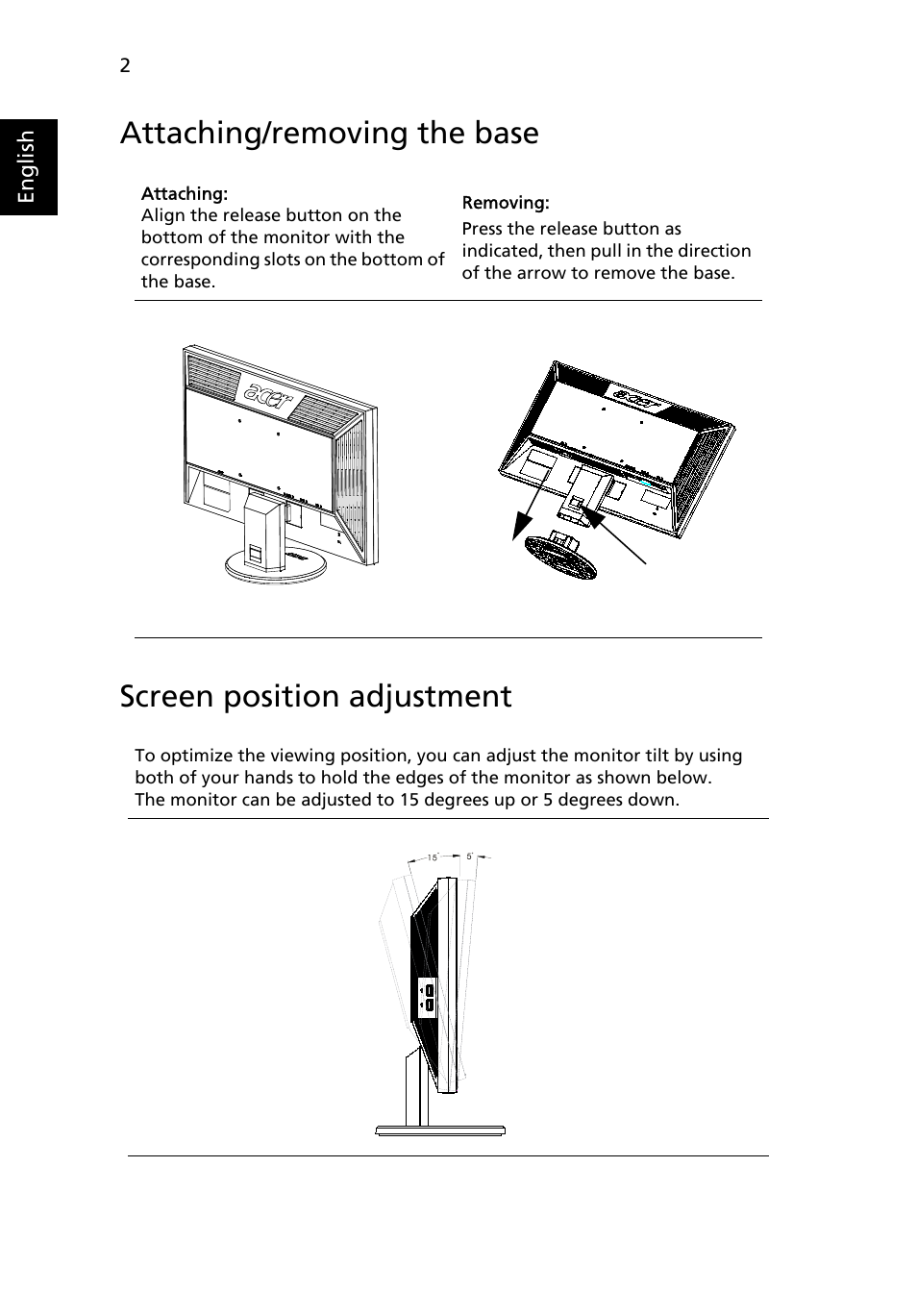 Attaching/removing the base, Screen position adjustment | Acer V243HQ User Manual | Page 14 / 26