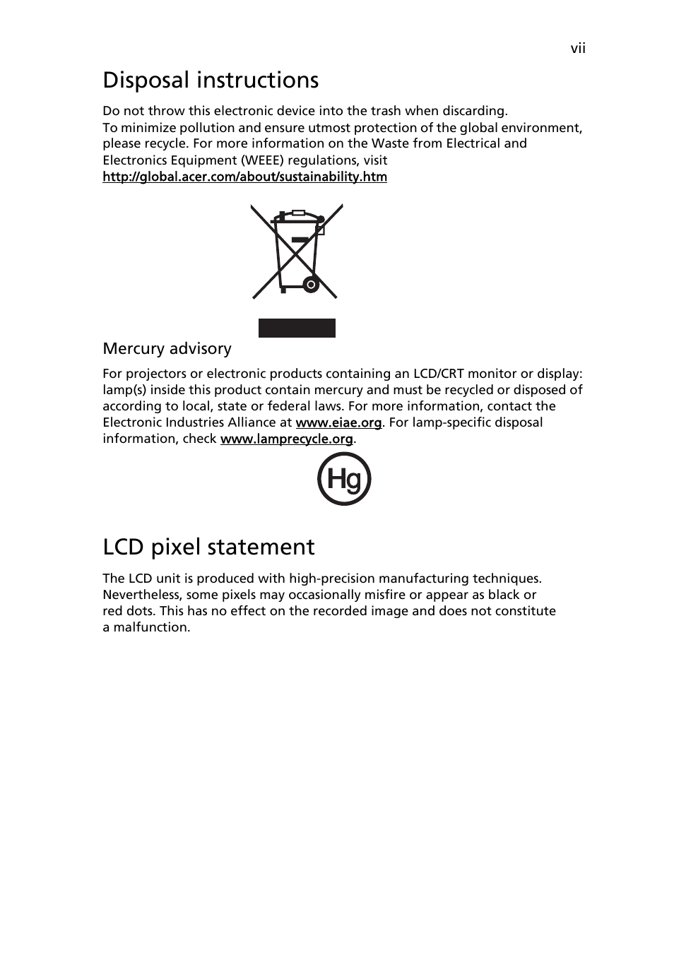 Disposal instructions, Lcd pixel statement | Acer V243HQ User Manual | Page 7 / 26