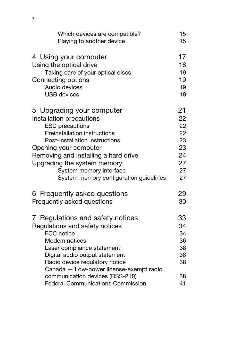 4 using your computer 17, 5 upgrading your computer 21, 6 frequently asked questions 29 | 7 regulations and safety notices 33 | Acer Predator G5920 User Manual | Page 10 / 52