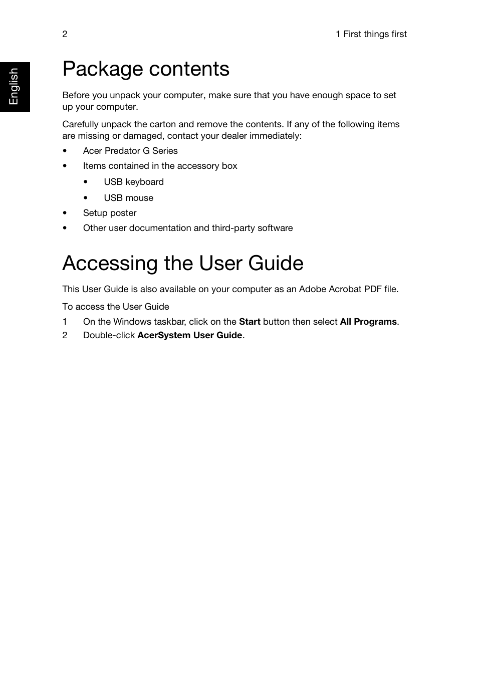 Package contents, Accessing the user guide | Acer Predator G5920 User Manual | Page 12 / 52