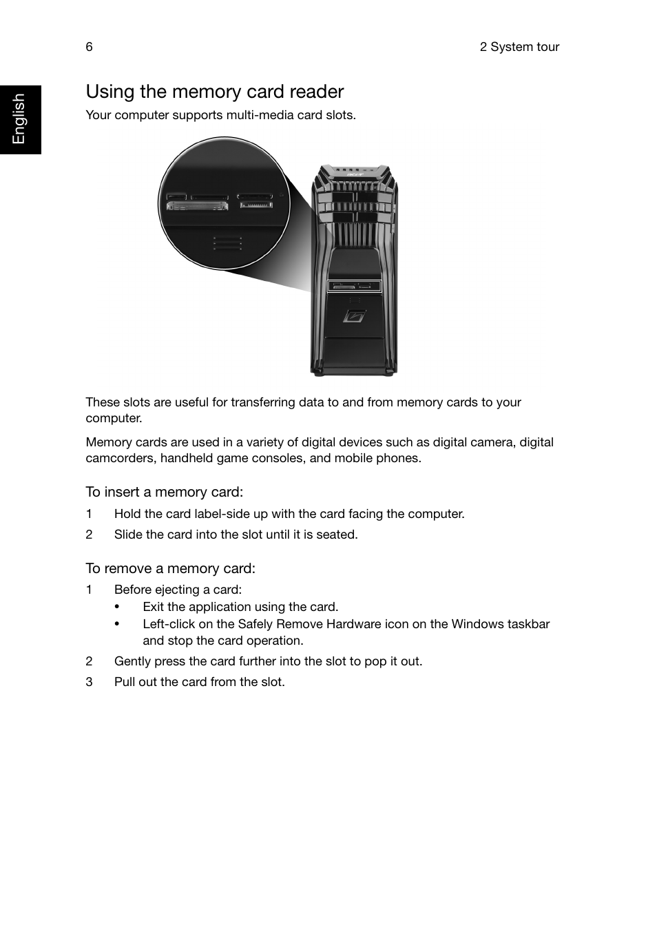 Using the memory card reader | Acer Predator G5920 User Manual | Page 16 / 52