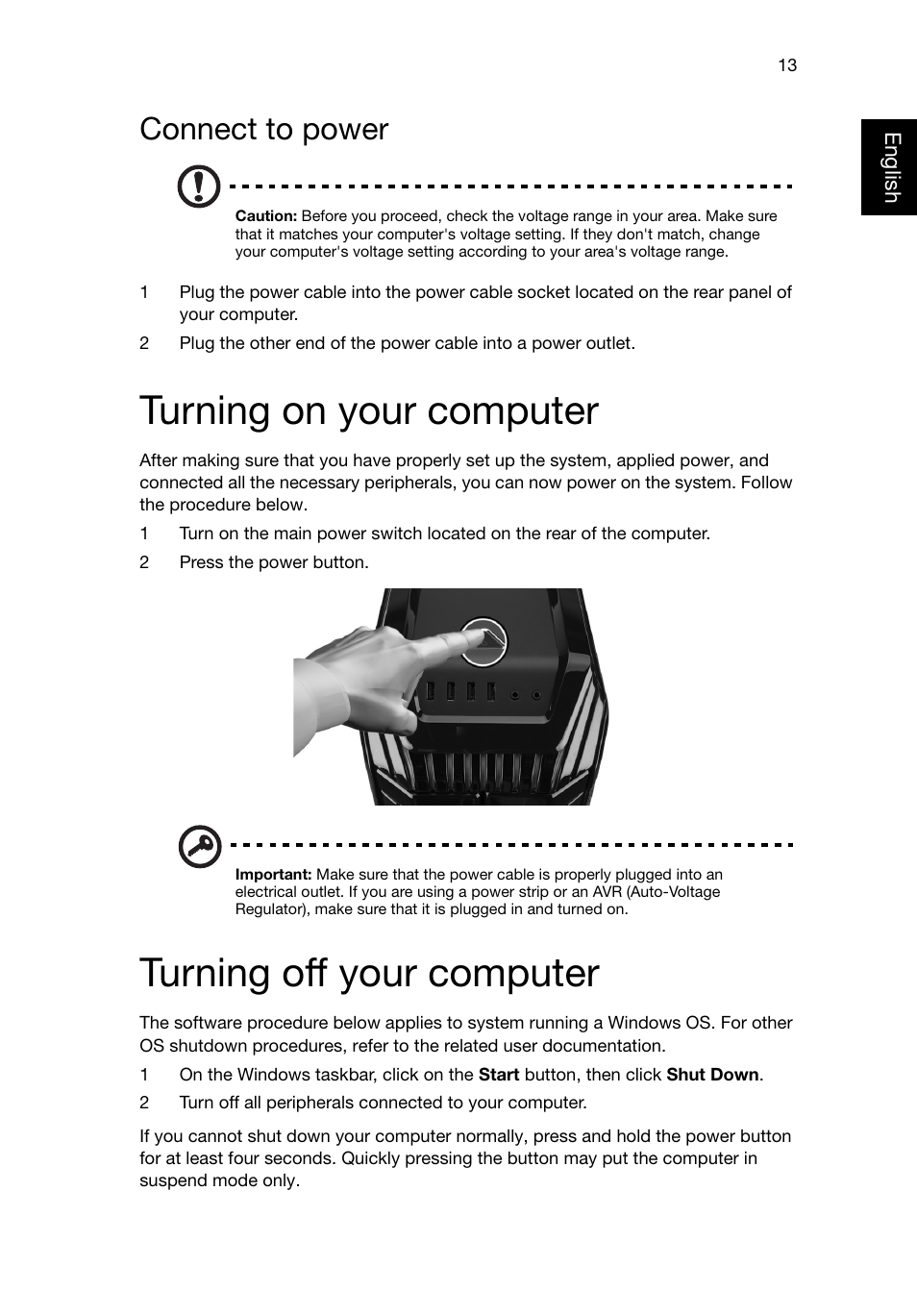 Connect to power, Turning on your computer, Turning off your computer | Acer Predator G5920 User Manual | Page 23 / 52