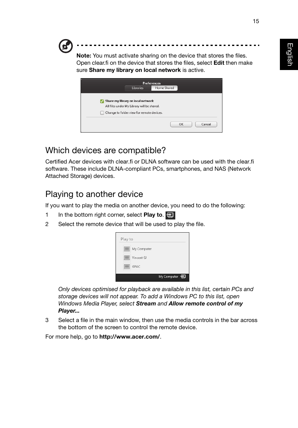 Which devices are compatible, Playing to another device | Acer Predator G5920 User Manual | Page 25 / 52