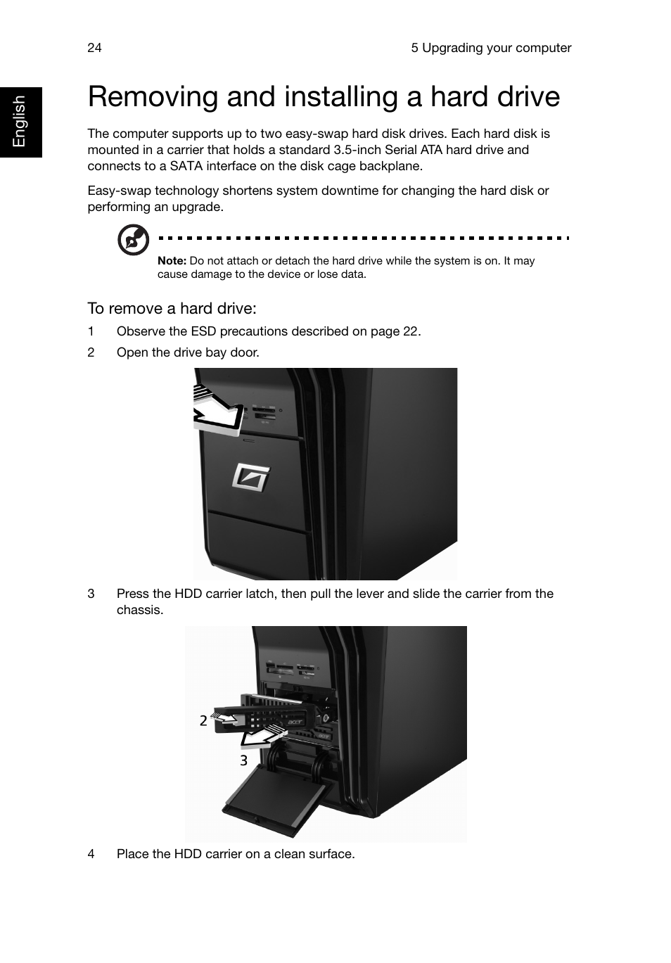 Removing and installing a hard drive | Acer Predator G5920 User Manual | Page 34 / 52