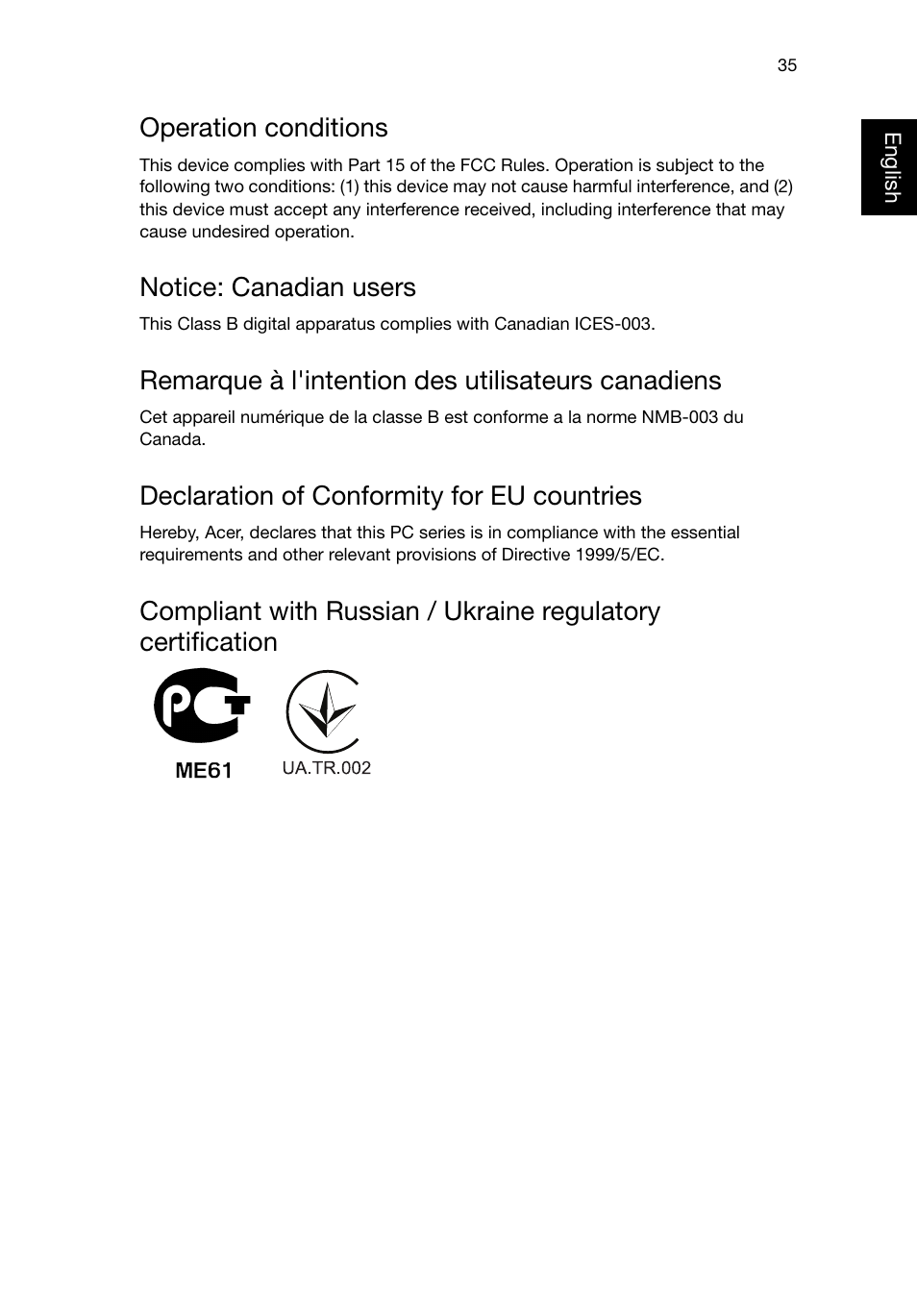 Operation conditions, Notice: canadian users, Remarque à l'intention des utilisateurs canadiens | Declaration of conformity for eu countries | Acer Predator G5920 User Manual | Page 45 / 52