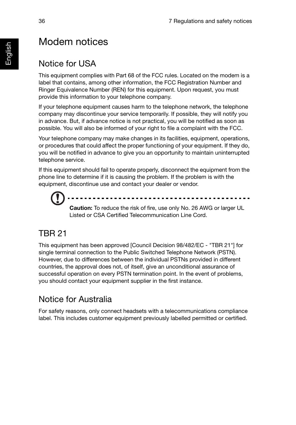 Modem notices, Notice for usa, Tbr 21 | Notice for australia | Acer Predator G5920 User Manual | Page 46 / 52
