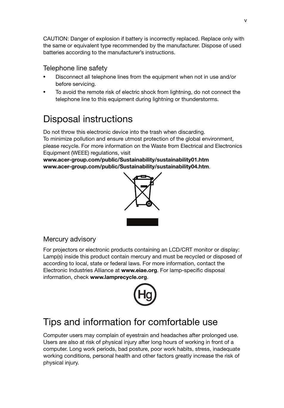 Disposal instructions, Tips and information for comfortable use | Acer Predator G5920 User Manual | Page 5 / 52