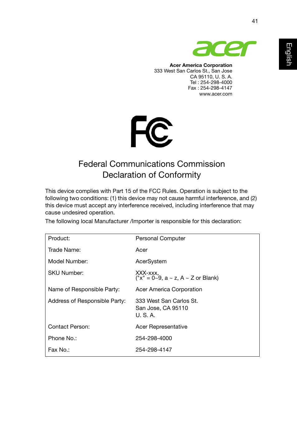 Federal communications commission, Englis h | Acer Predator G5920 User Manual | Page 51 / 52