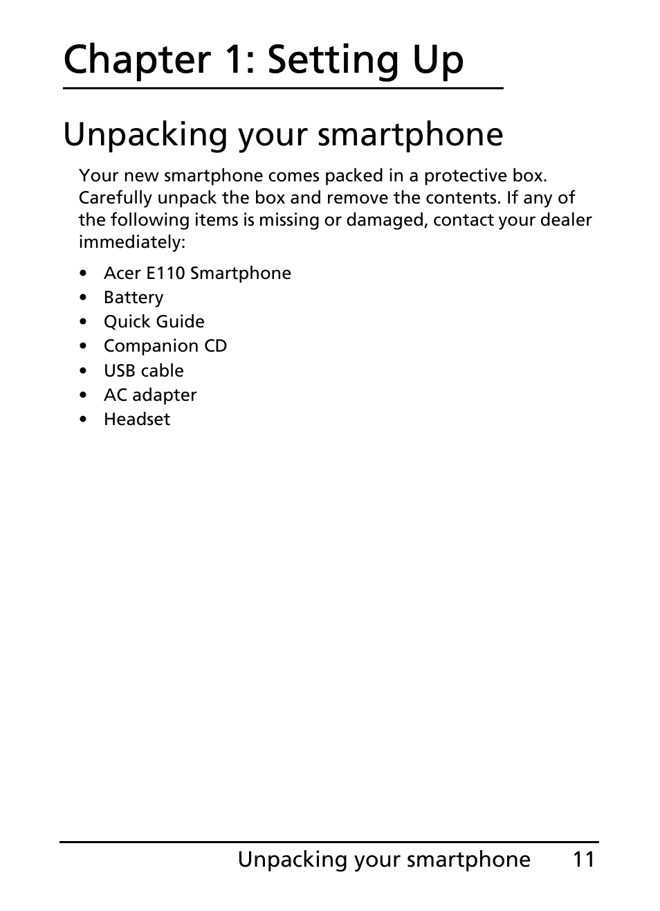 Unpacking your smartphone, Chapter 1: setting up | Acer E110 User Manual | Page 11 / 76
