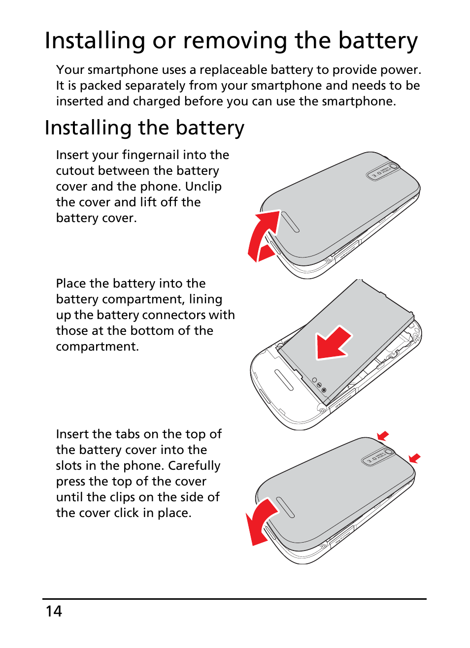 Installing or removing the battery, Installing the battery | Acer E110 User Manual | Page 14 / 76