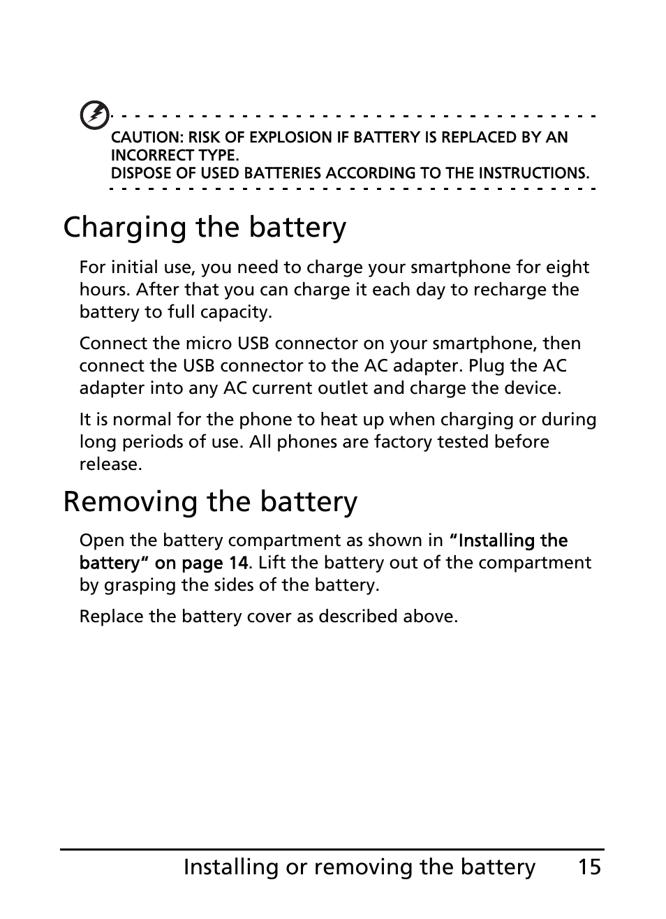 Charging the battery, Removing the battery | Acer E110 User Manual | Page 15 / 76