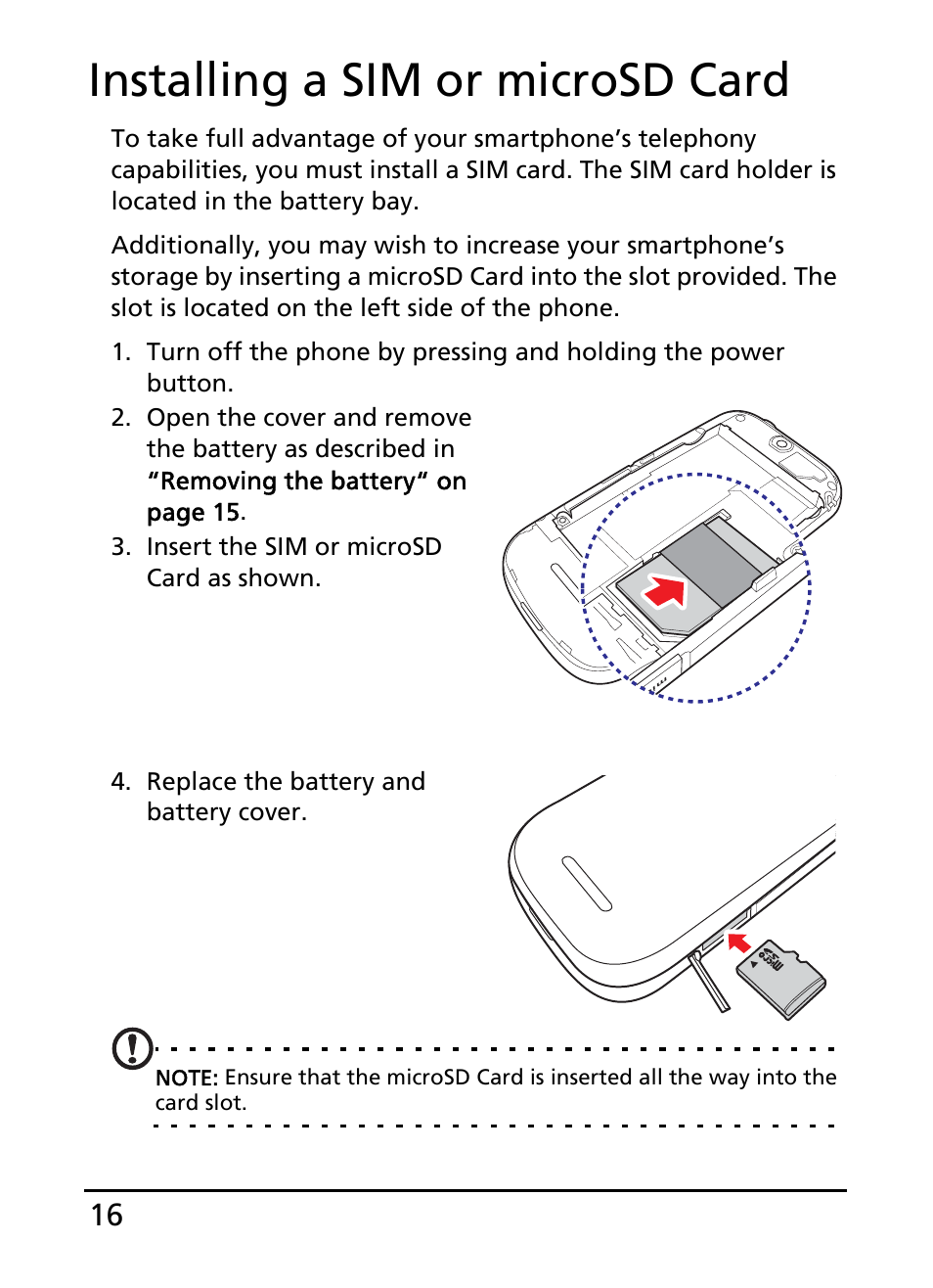 Installing a sim or microsd card | Acer E110 User Manual | Page 16 / 76