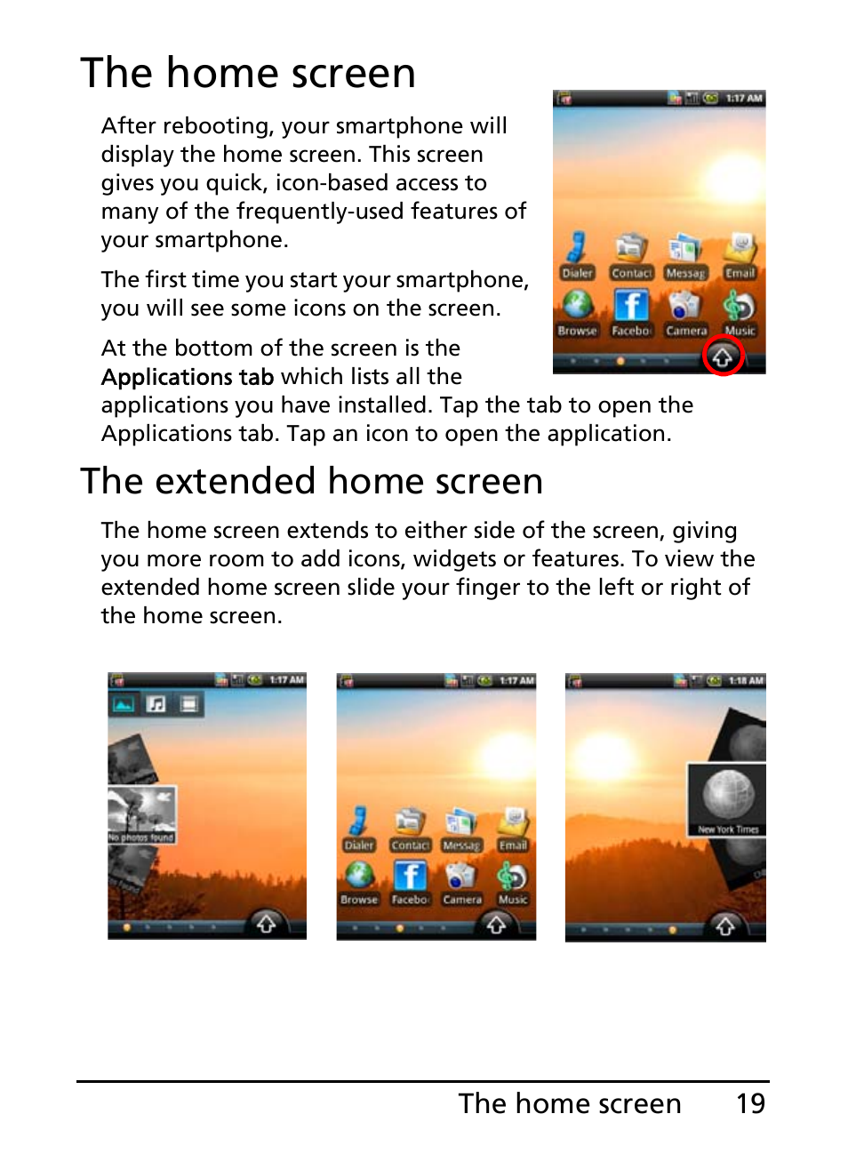The home screen, The extended home screen | Acer E110 User Manual | Page 19 / 76