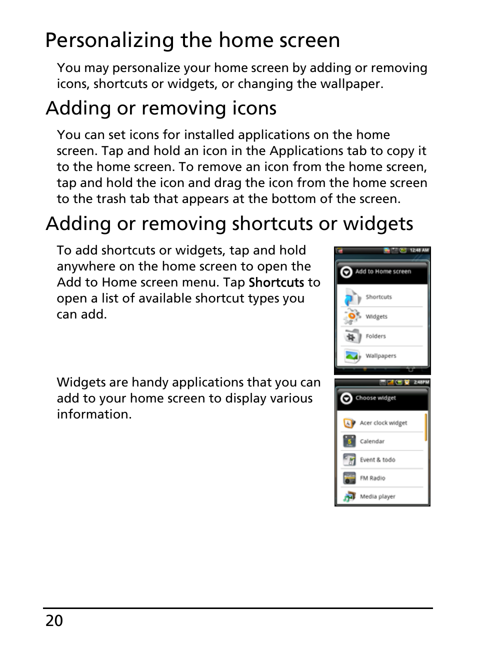 Personalizing the home screen, Adding or removing icons, Adding or removing shortcuts or widgets | Acer E110 User Manual | Page 20 / 76