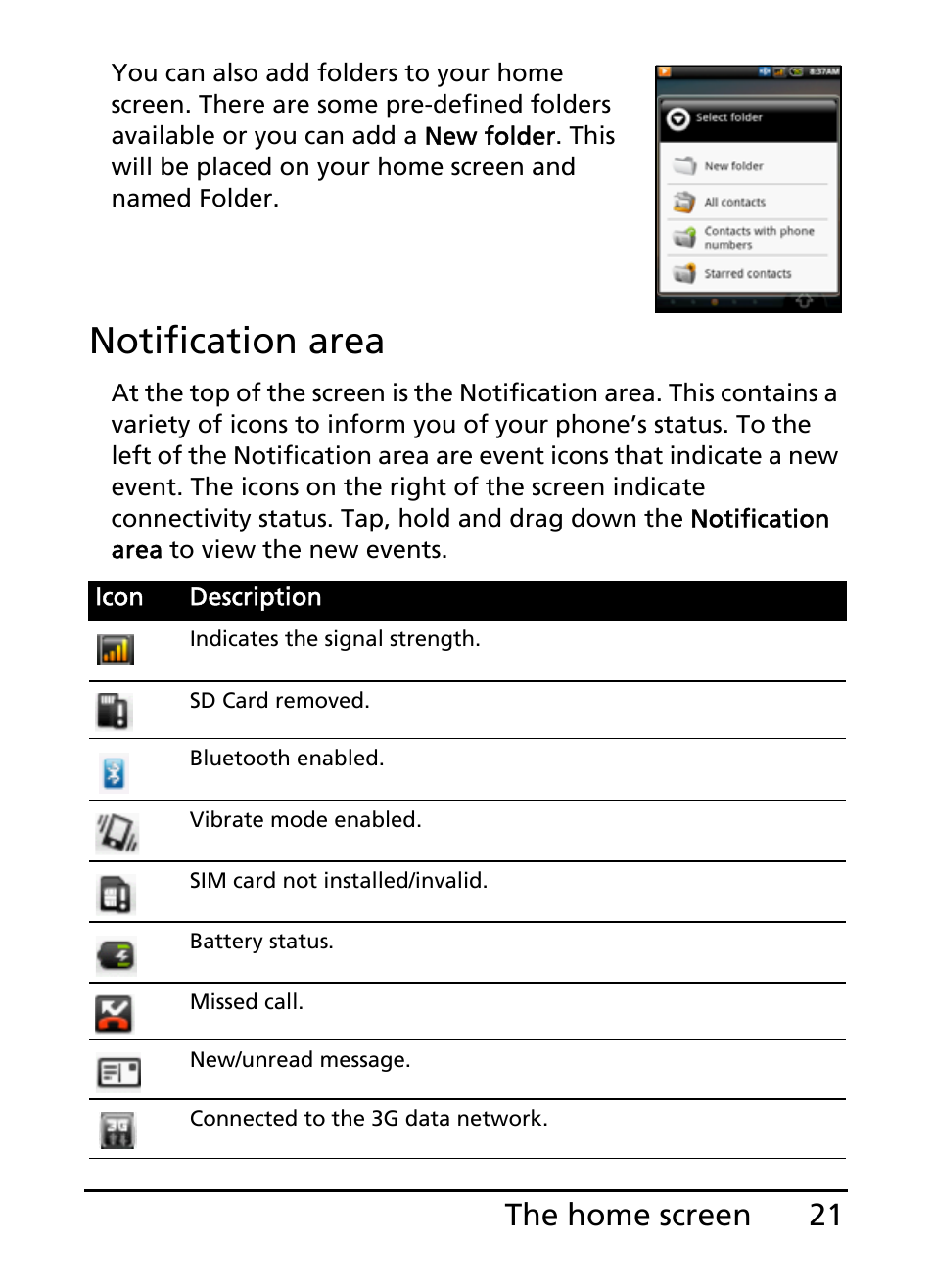 Notification area, 21 the home screen | Acer E110 User Manual | Page 21 / 76