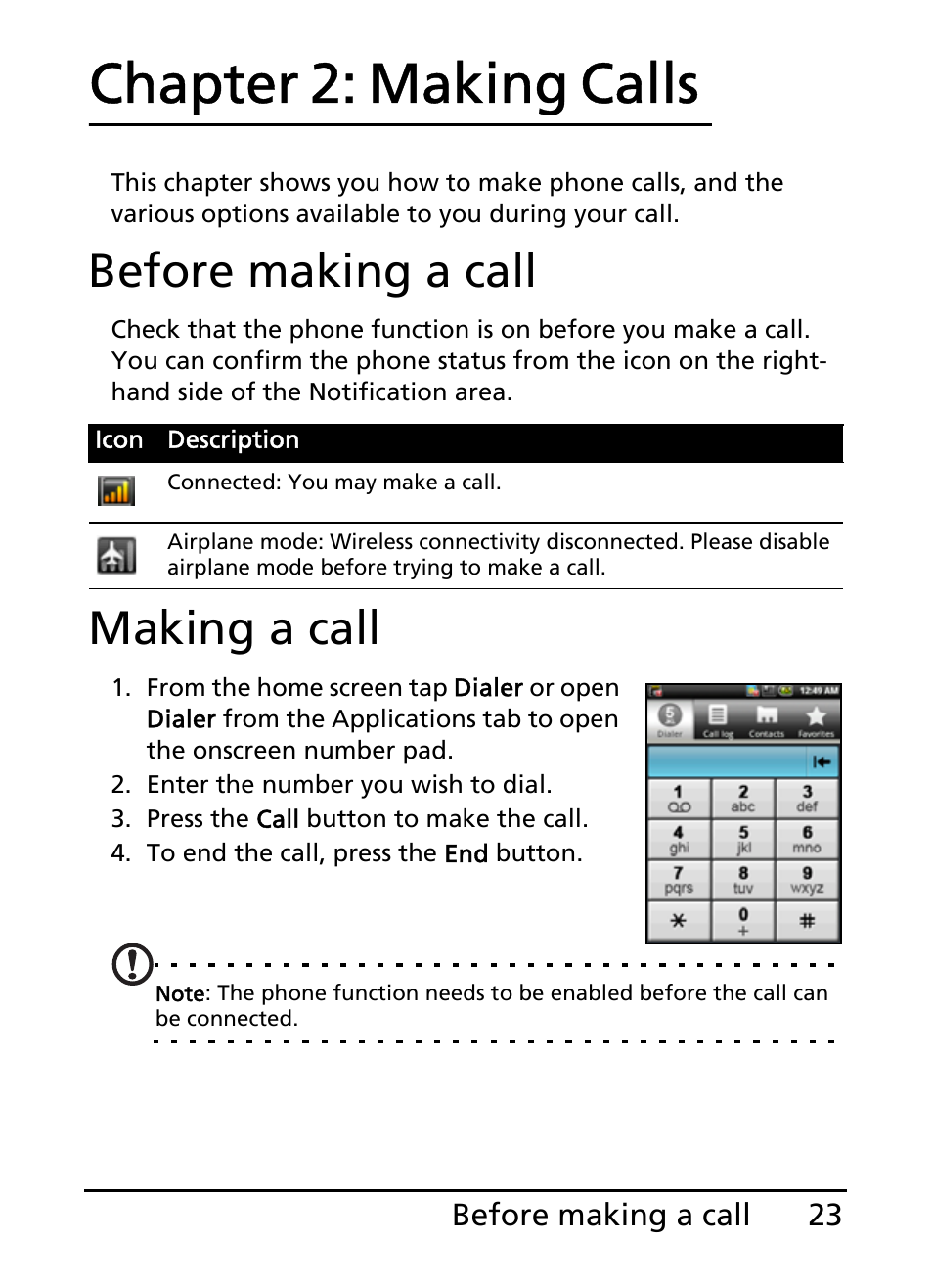 Before making a call, Making a call, Chapter 2: making calls | Before making a call making a call | Acer E110 User Manual | Page 23 / 76