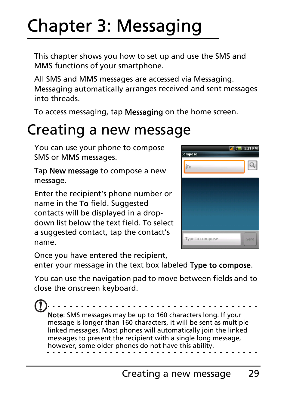 Creating a new message, Chapter 3: messaging | Acer E110 User Manual | Page 29 / 76