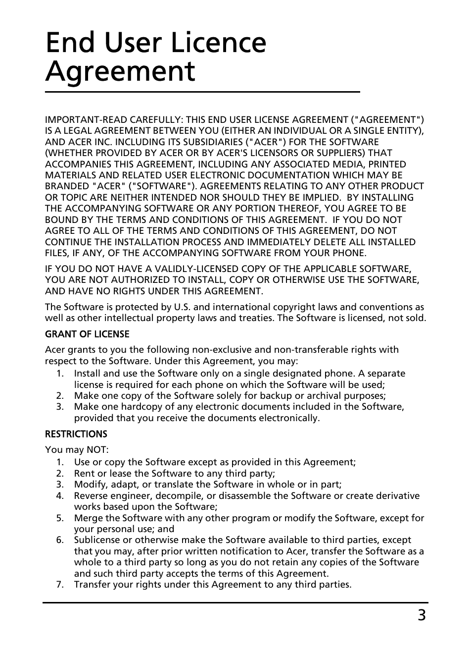 End user licence agreement | Acer E110 User Manual | Page 3 / 76