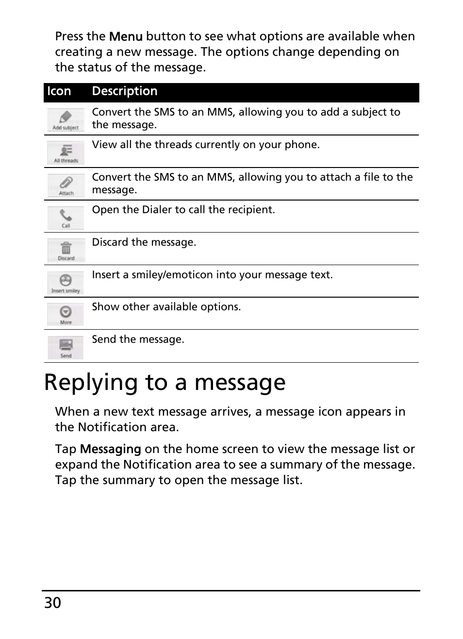 Replying to a message | Acer E110 User Manual | Page 30 / 76