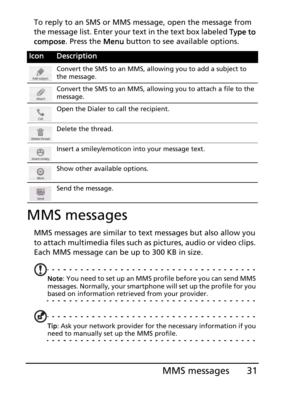 Mms messages, 31 mms messages | Acer E110 User Manual | Page 31 / 76