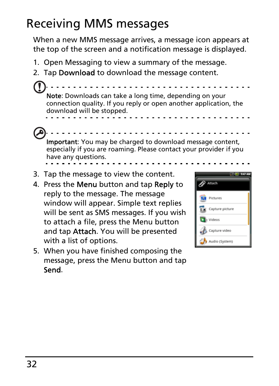 Receiving mms messages | Acer E110 User Manual | Page 32 / 76