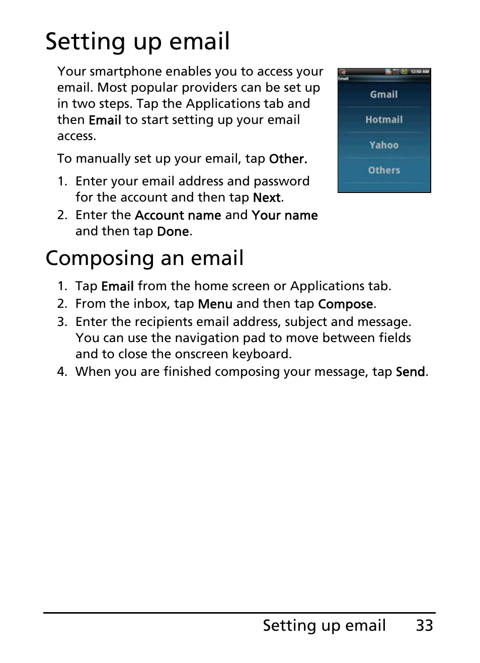 Setting up email, Composing an email | Acer E110 User Manual | Page 33 / 76