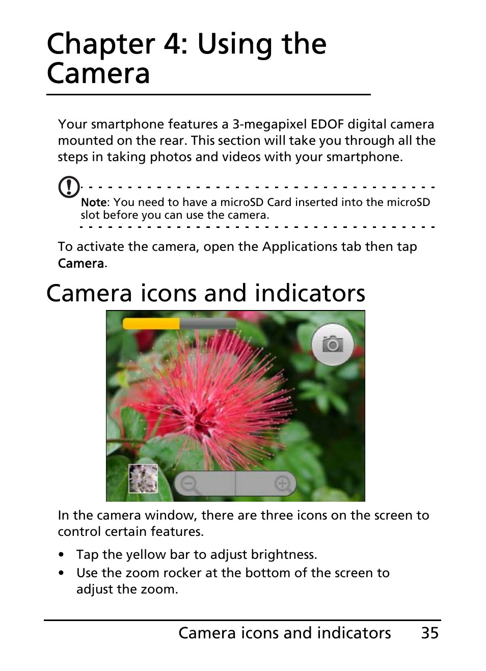 Camera icons and indicators, Chapter 4: using the camera | Acer E110 User Manual | Page 35 / 76