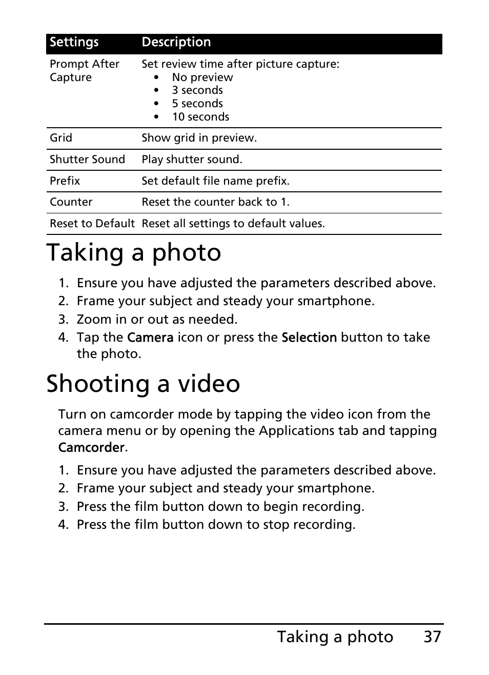 Taking a photo, Shooting a video, Taking a photo shooting a video | 37 taking a photo | Acer E110 User Manual | Page 37 / 76