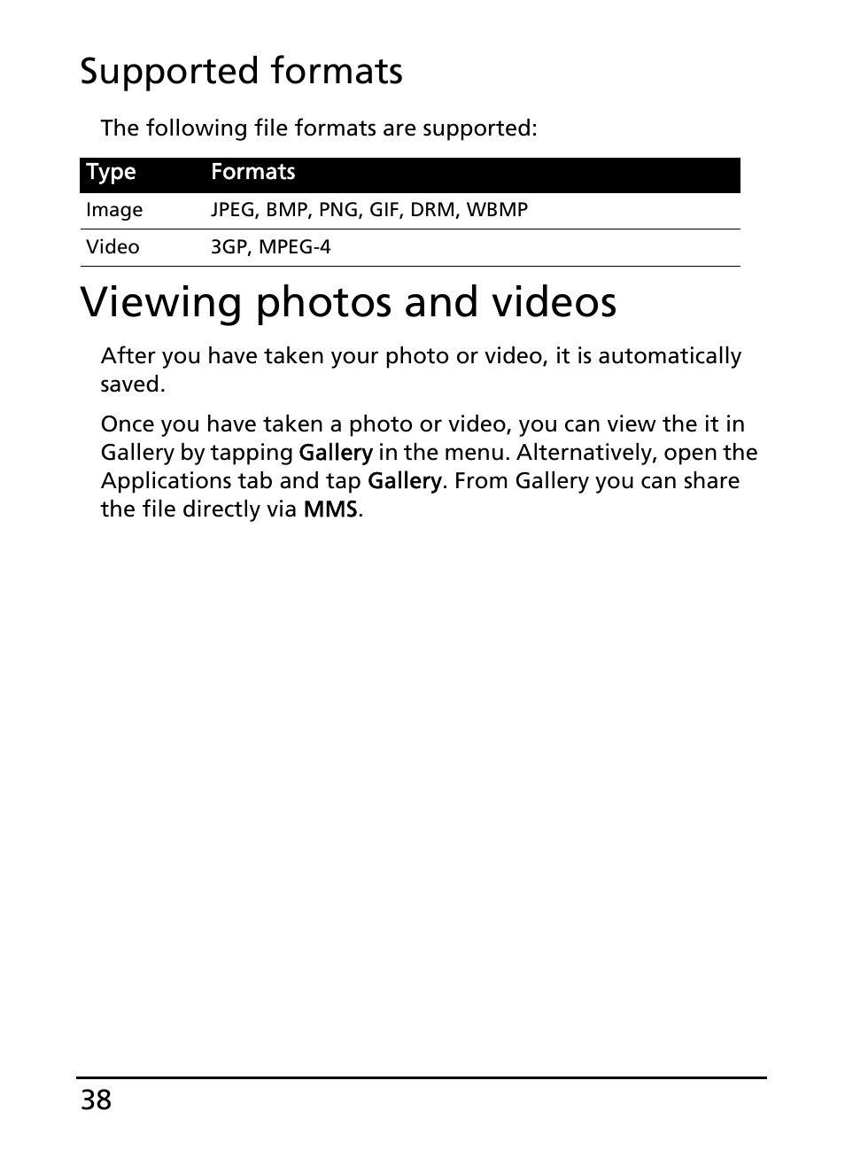 Viewing photos and videos, Supported formats | Acer E110 User Manual | Page 38 / 76