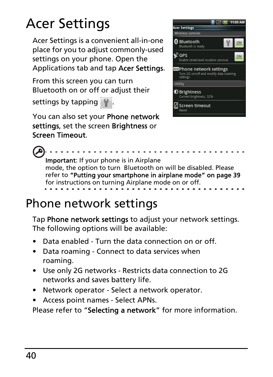 Acer settings, Phone network settings | Acer E110 User Manual | Page 40 / 76