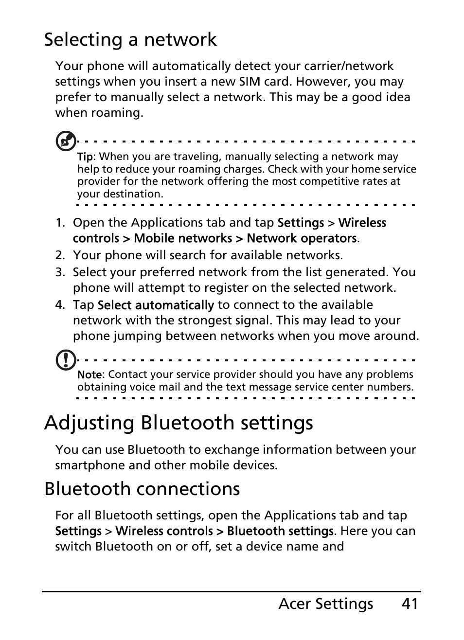 Adjusting bluetooth settings, Selecting a network, Bluetooth connections | 41 acer settings | Acer E110 User Manual | Page 41 / 76