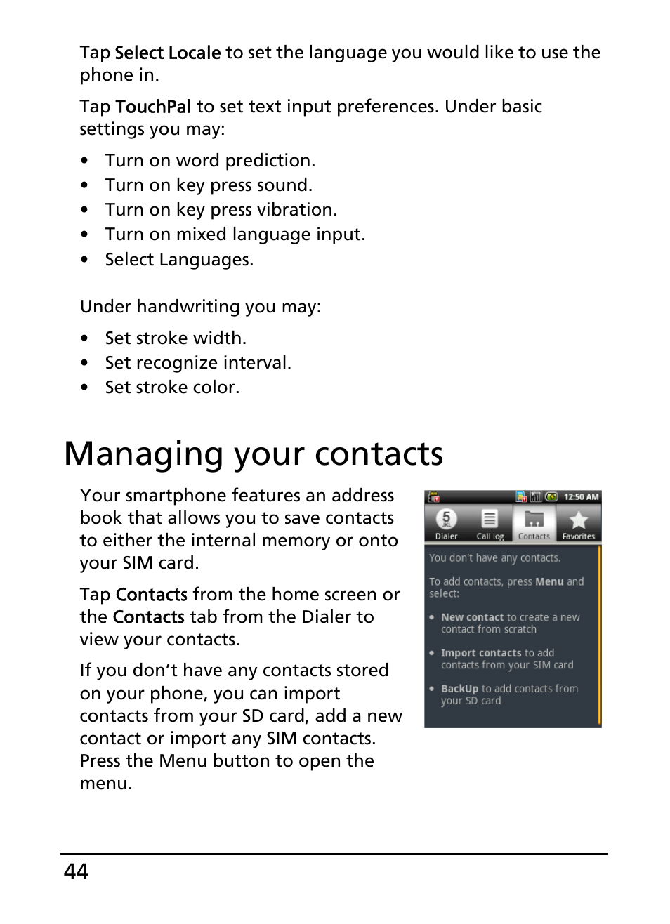 Managing your contacts | Acer E110 User Manual | Page 44 / 76